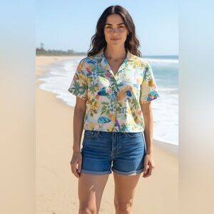C&C California Tropical Boxy aloha vacation button down cool linen top-size M